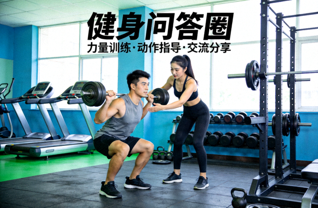 健身问答圈栏目封面图，运动爱好者在健身房进行力量训练与动作指导交流