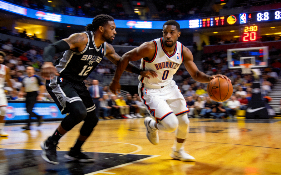 NBA焦点战现场画面，球员在灯光球馆中进行高强度攻防对抗的比赛实况图片